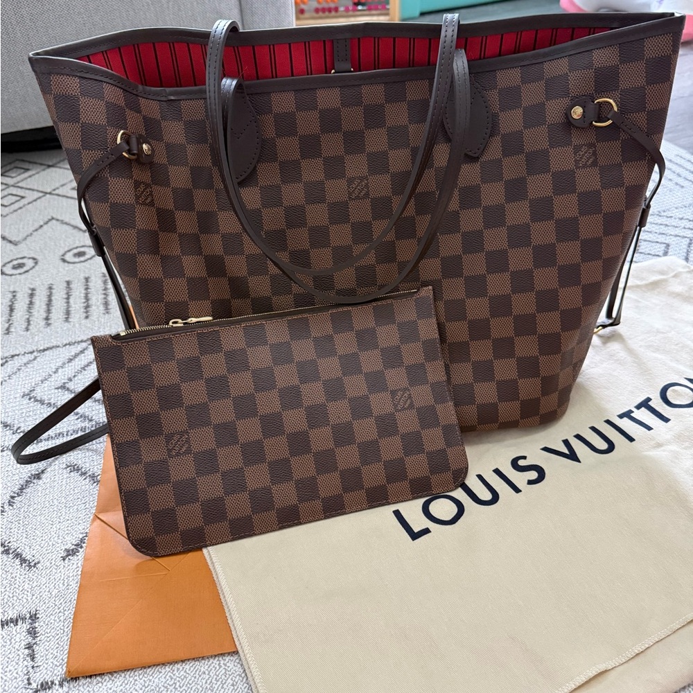 Louis Vuitton Damier Ebene Tote with Red Interior